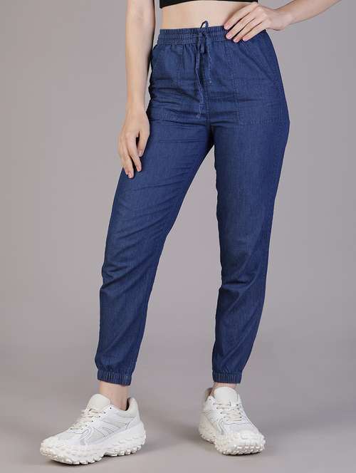 women solid high rise denim jogger - 22016423 - Standard Image - 0