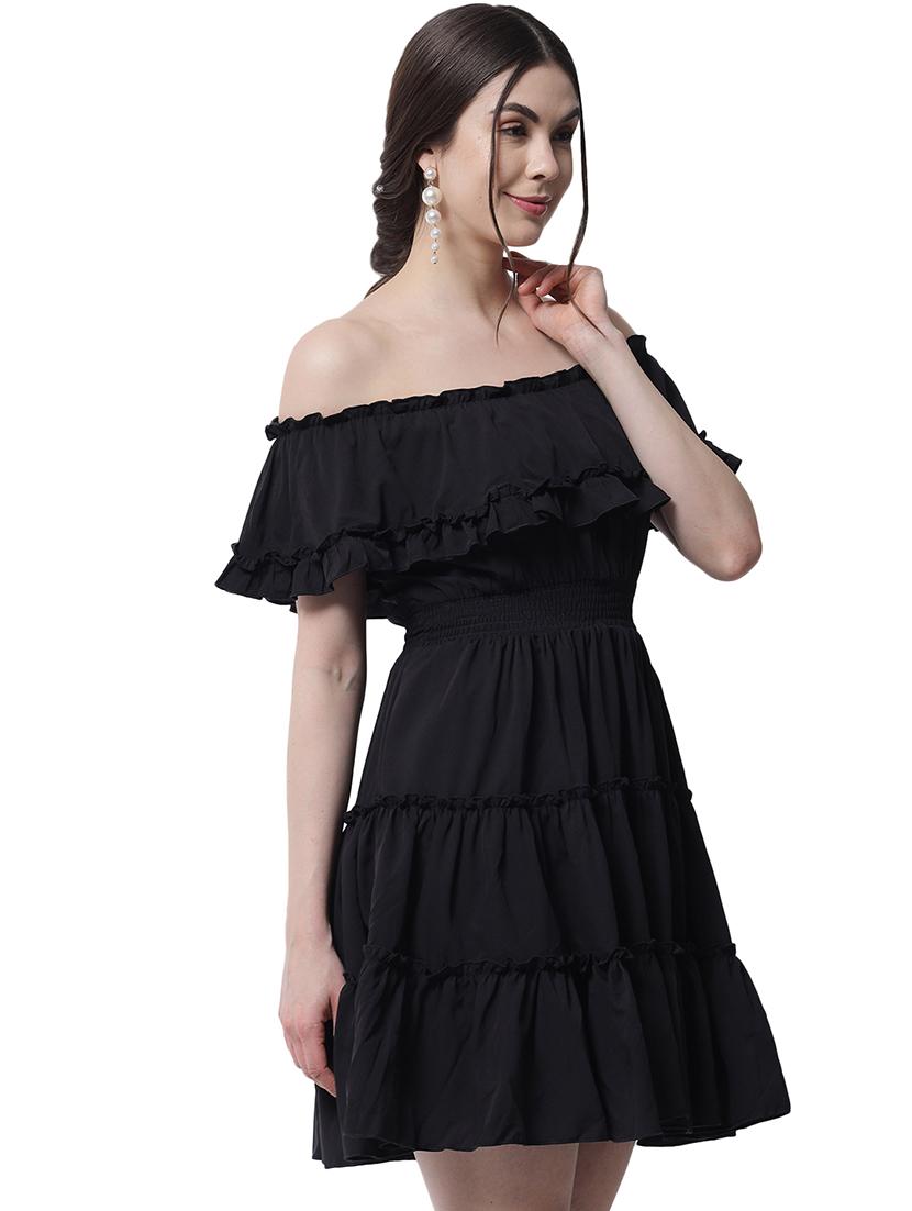 women black solid off shoulder tiered dress - 22016463 - Standard Image - 3