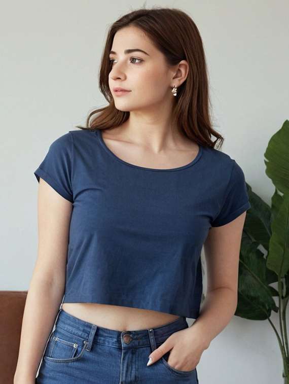 women solid short sleeve regular fit crop t-shirt