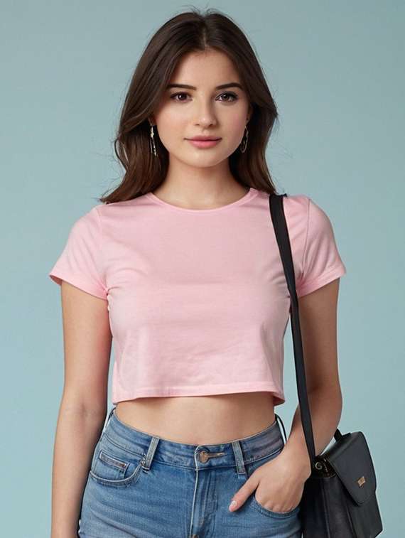 women solid short sleeve regular fit crop t-shirt