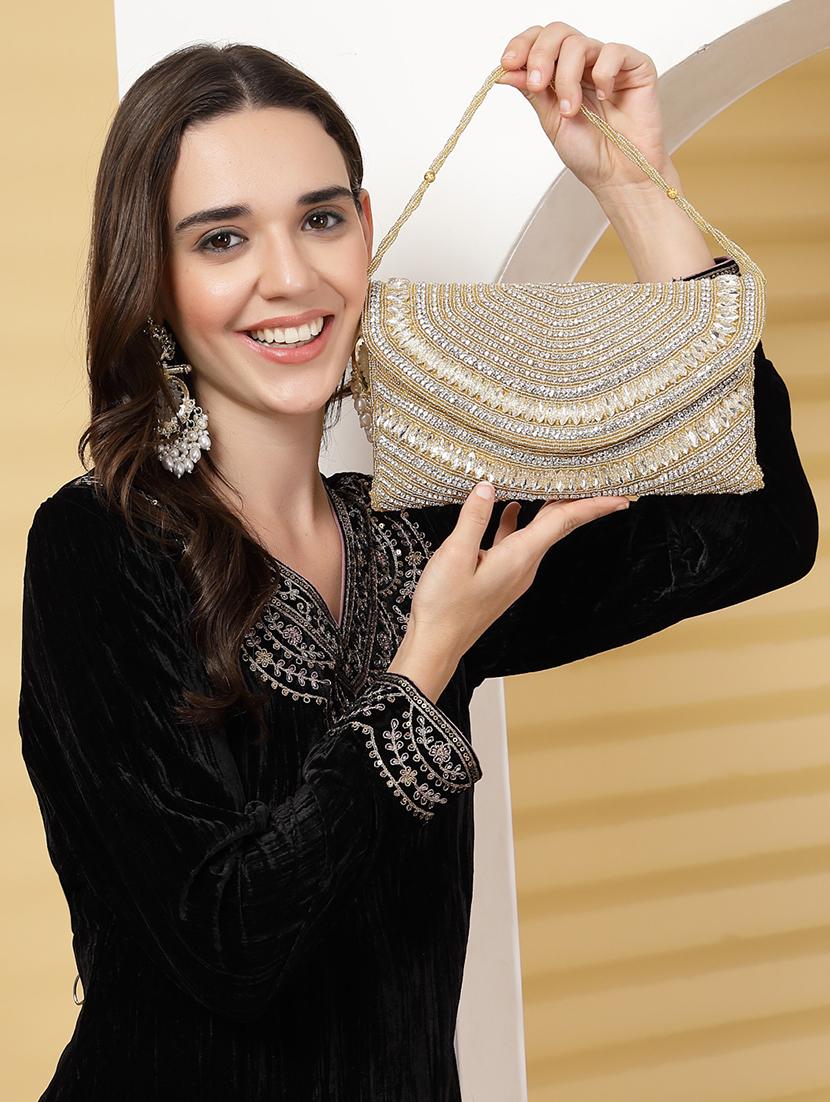 gold embellished party clutch with chain strap - 22017140 - Standard Image - 8
