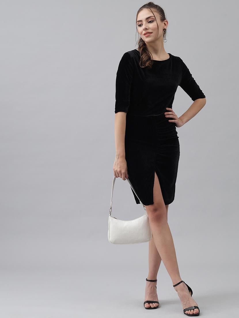women solid round neck velvet sheath dress - 22017249 - Zoom Image - 0