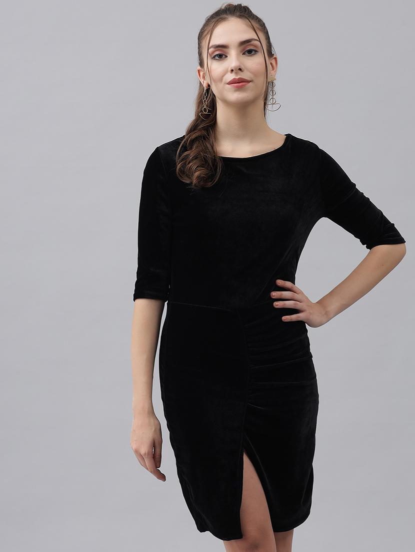 women solid round neck velvet sheath dress - 22017249 - Standard Image - 3