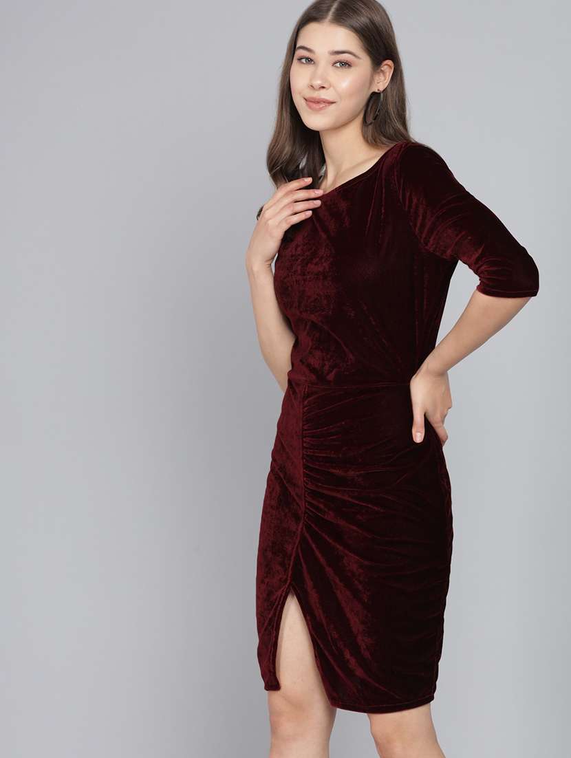 women solid round neck velvet sheath dress - 22017250 - Standard Image - 3