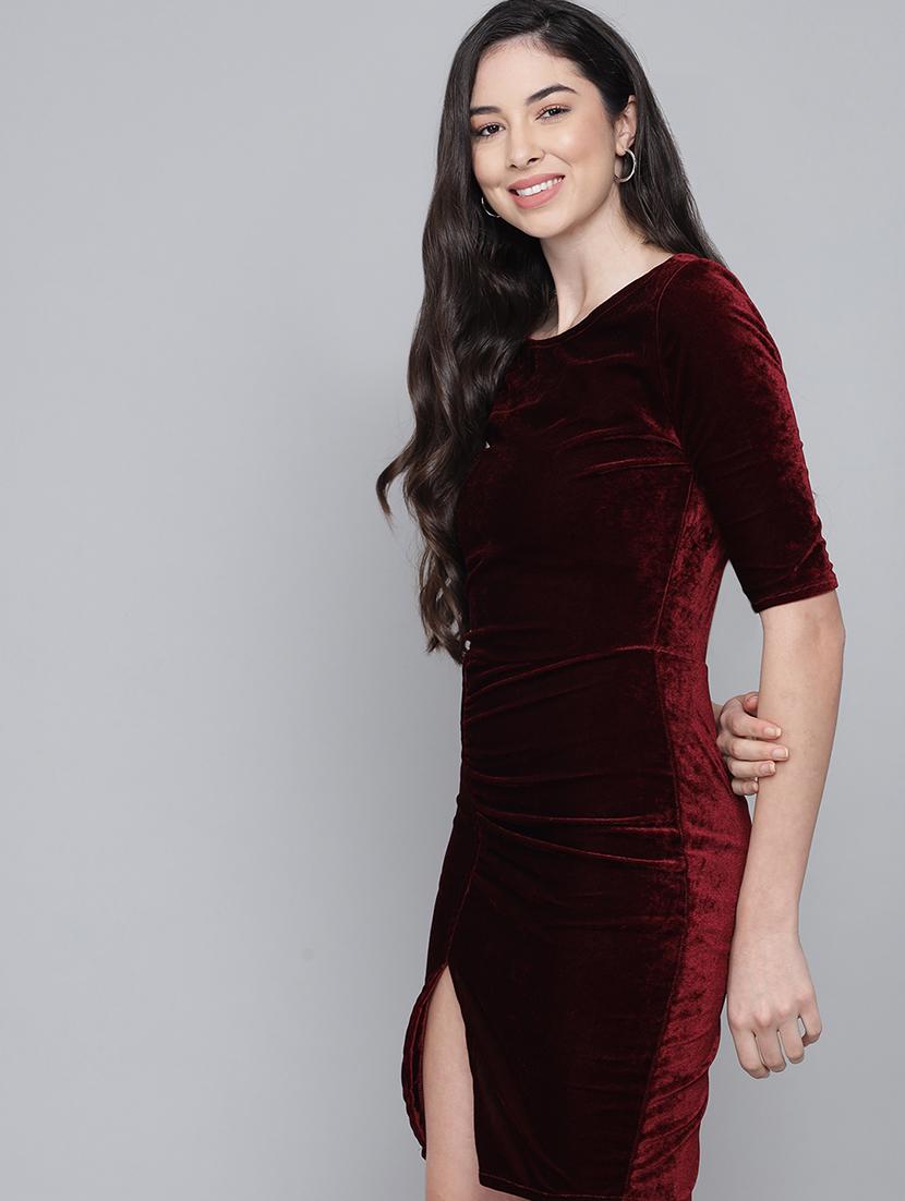 women solid round neck velvet sheath dress - 22017252 - Standard Image - 3
