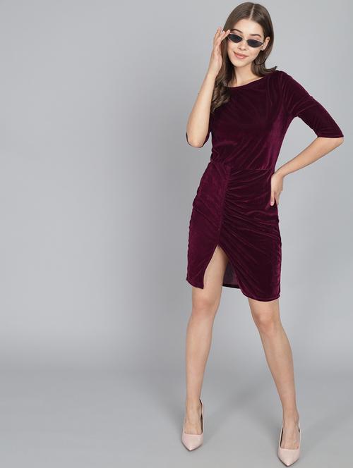 women solid round neck velvet sheath dress - 22017253 - Standard Image - 0