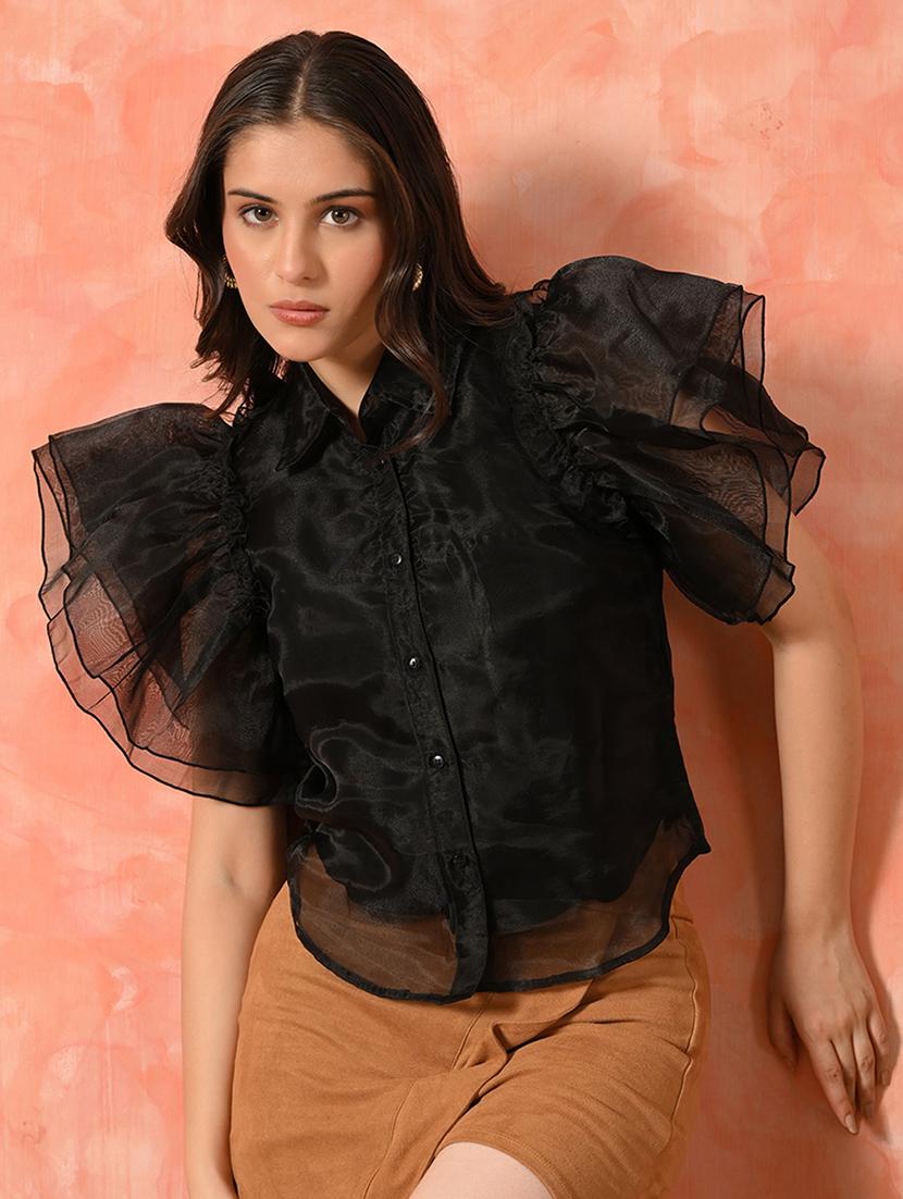 women black solid ruffled sleeve shirt - 22017393 - Zoom Image - 0