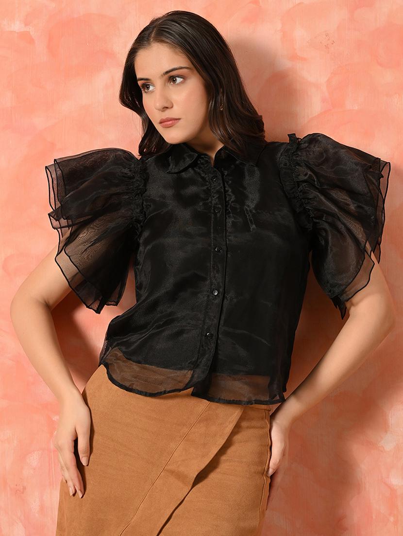 women black solid ruffled sleeve shirt - 22017393 - Standard Image - 3