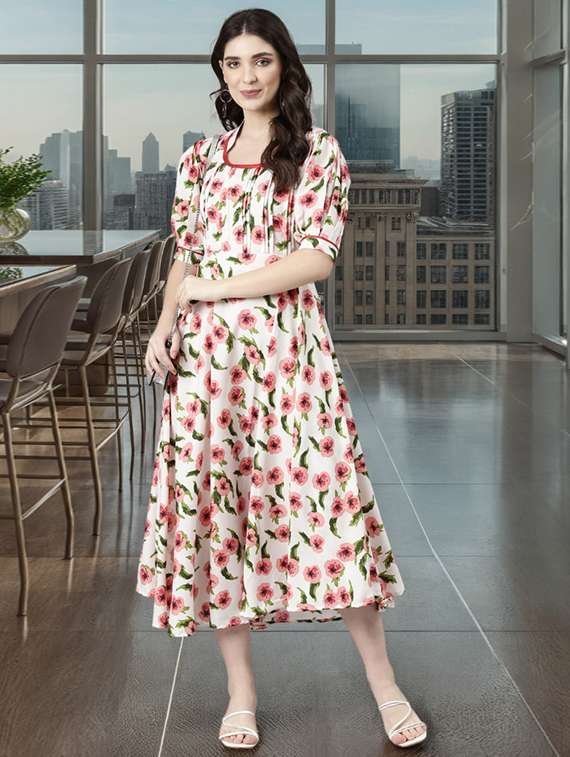 women floral print puff sleeve fit & flare dress