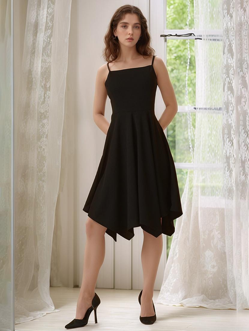 women black solid shoulder strap asymmetric dress - 22017532 - Zoom Image - 0