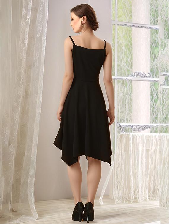 women black solid shoulder strap asymmetric dress - 22017532 - Standard Image - 3