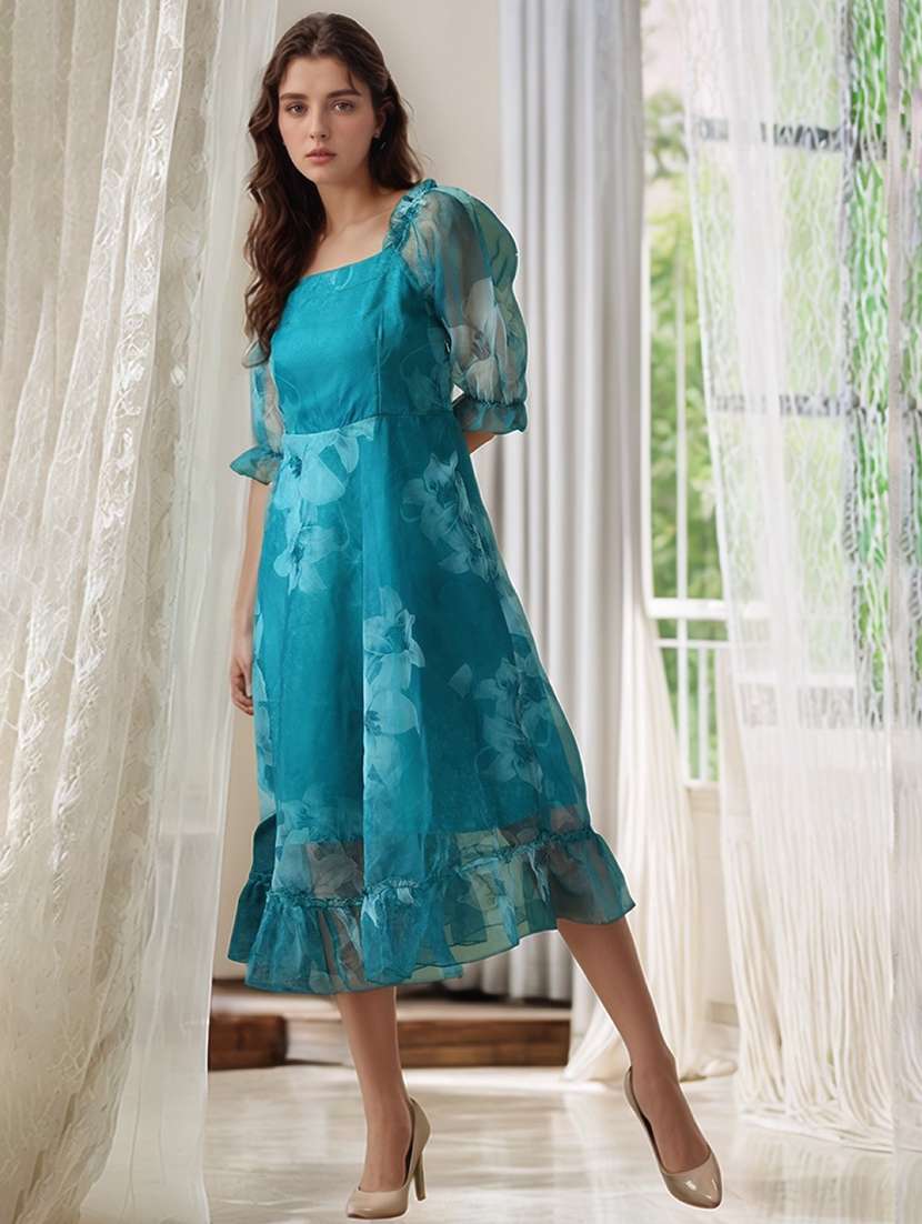 women floral print puff sleeve a-line dress
