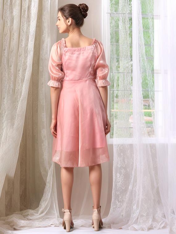 women pink solid puff sleeve a-line dress - 22017536 - Standard Image - 3