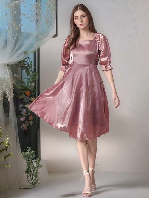 women mauve solid puff sleeve a-line dress - 22017537 -  Standard Image - 0