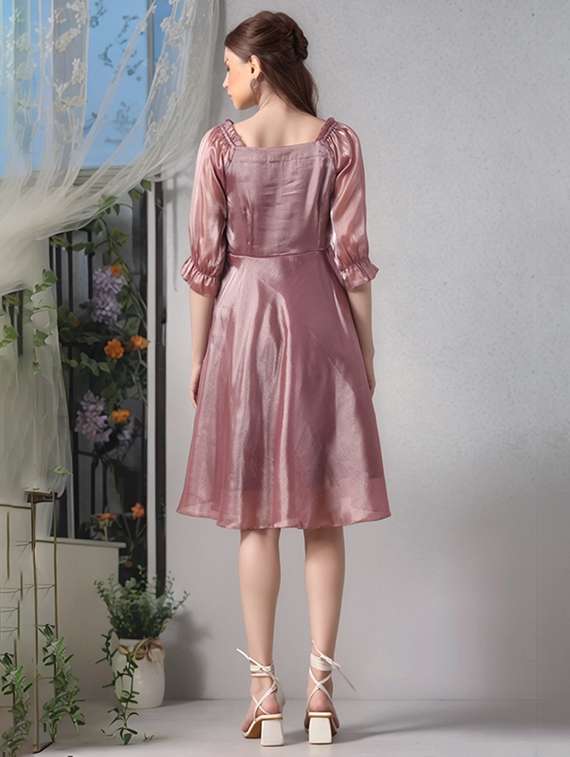 women mauve solid puff sleeve a-line dress - 22017537 - Standard Image - 3