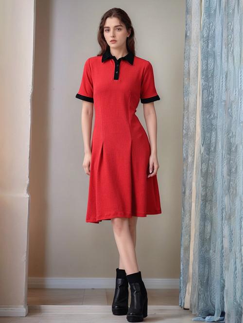 women solid collared short sleeve a-line dress - 22017545 -  Standard Image - 0