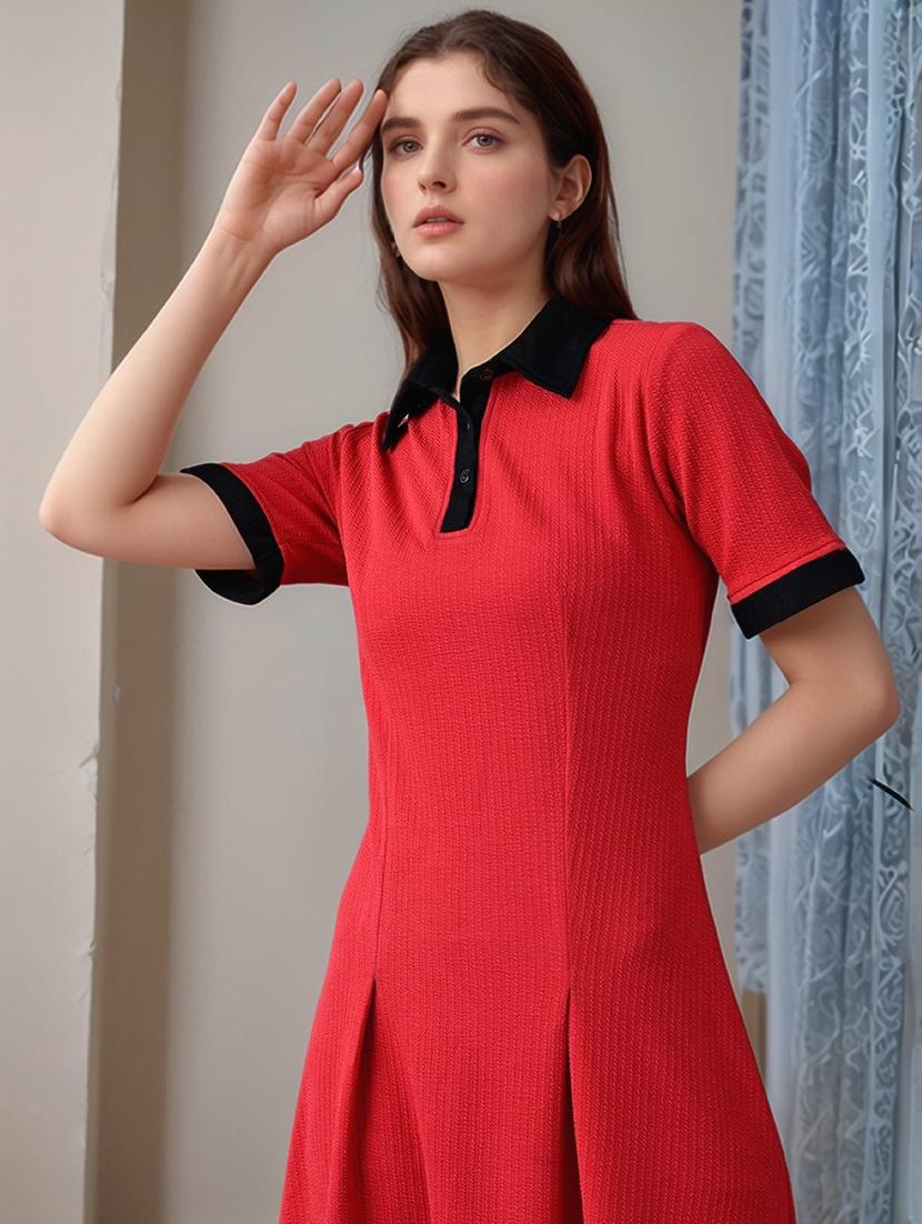 women solid collared short sleeve a-line dress - 22017545 - Standard Image - 3