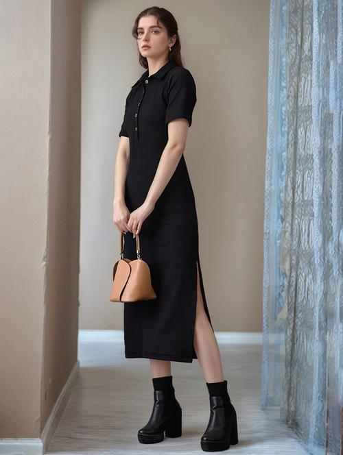women black solid collared straight dress - 22017546 - Standard Image - 0