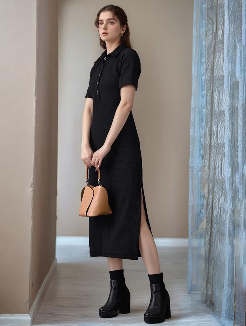 women black solid collared straight dress - 22017546 - Zoom Image - 0