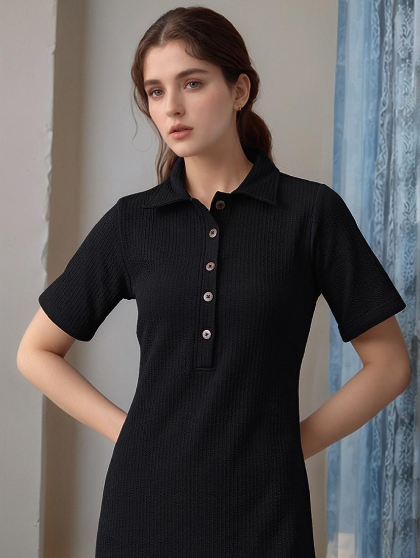 women black solid collared straight dress - 22017546 - Standard Image - 3