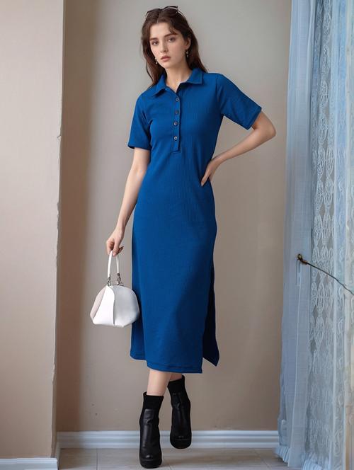 women solid short sleeve collared straight dress - 22017549 -  Standard Image - 0