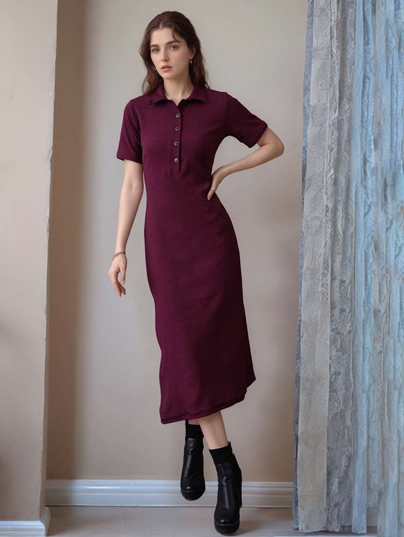 women solid short sleeve collared straight dress