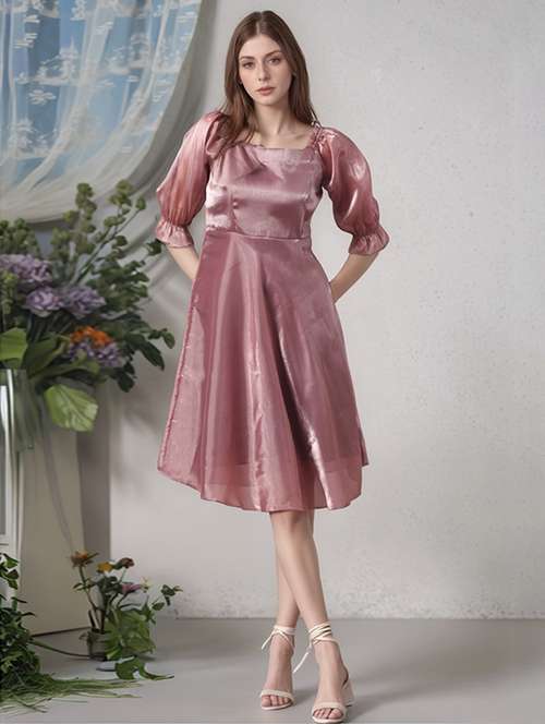 women solid puff sleeve a-line dress - 22017561 - Standard Image - 0