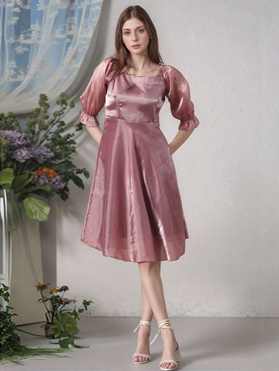 women solid puff sleeve a-line dress - 22017561 - Zoom Image - 0