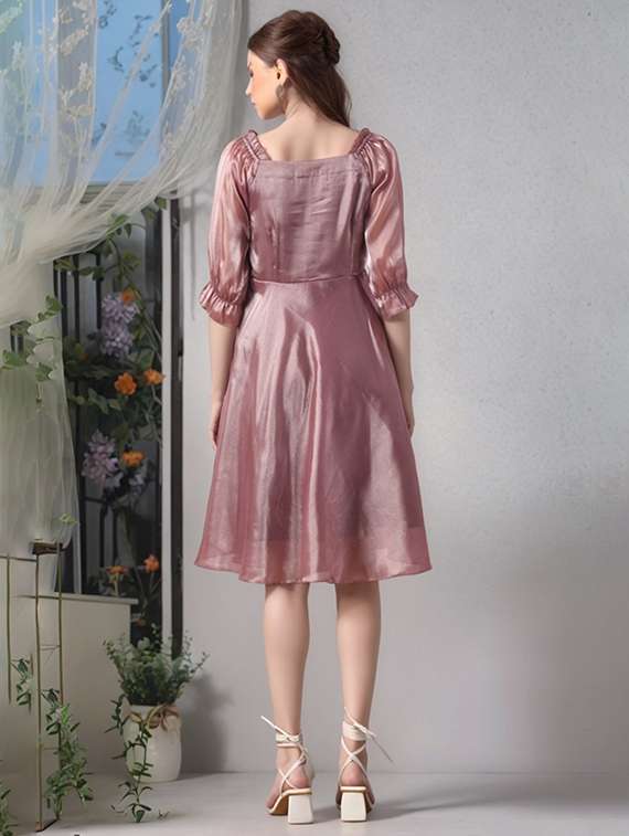women solid puff sleeve a-line dress - 22017561 - Standard Image - 3