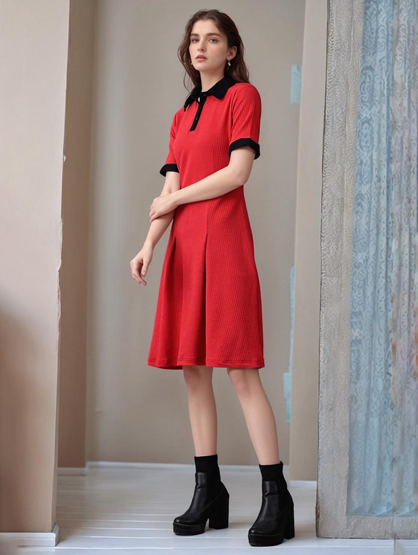 women solid shor sleeve collared a-line dress