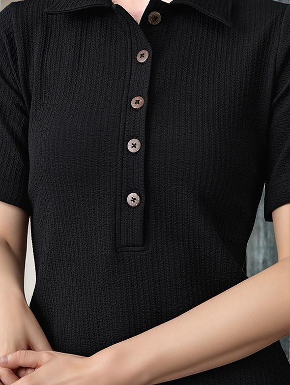 women solid shor sleeve collared straight dress - 22017570 - Standard Image - 3