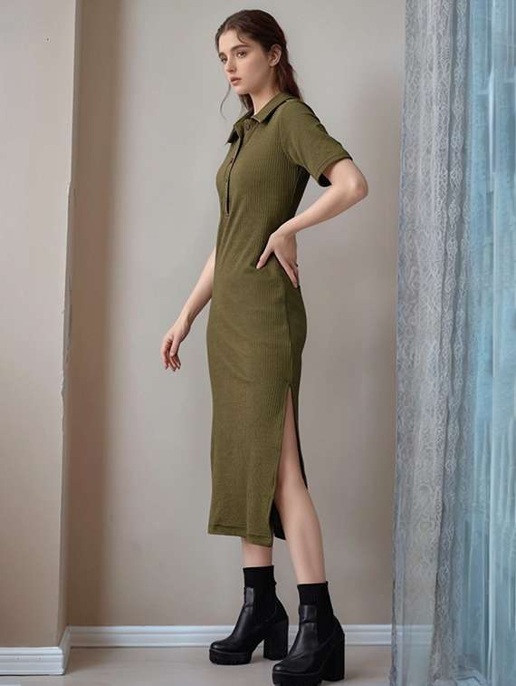 women solid shor sleeve collared straight dress