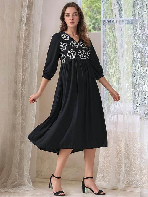 women embroidered three quarter sleeve fit & flare dress - 22017576 - Standard Image - 0