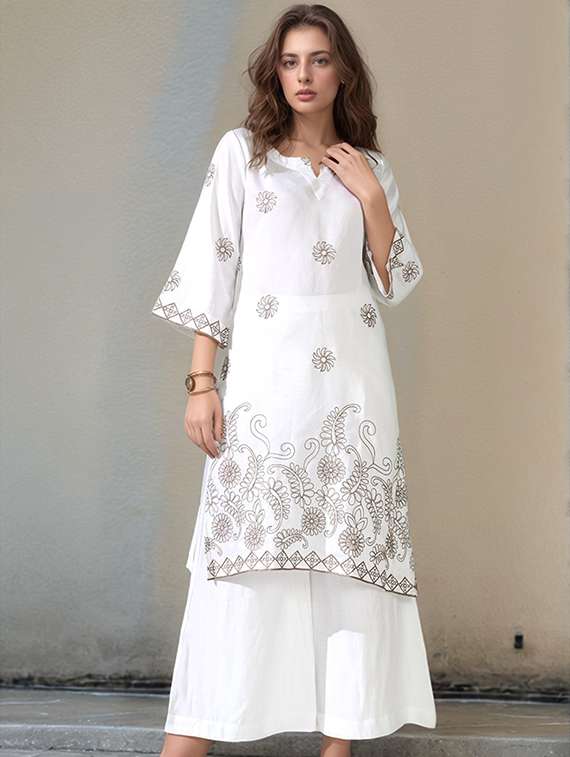 women embroidered three quarter sleeve kurta and palazzo set