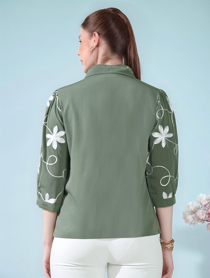 women embroidered puff sleeve collared shirt top - 22017589 - Standard Image - 3