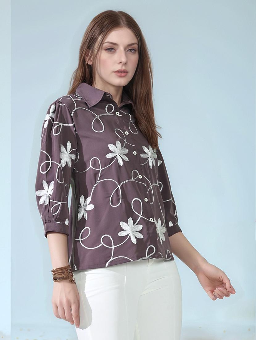 women embroidered puff sleeve collared shirt top - 22017590 - Standard Image - 3