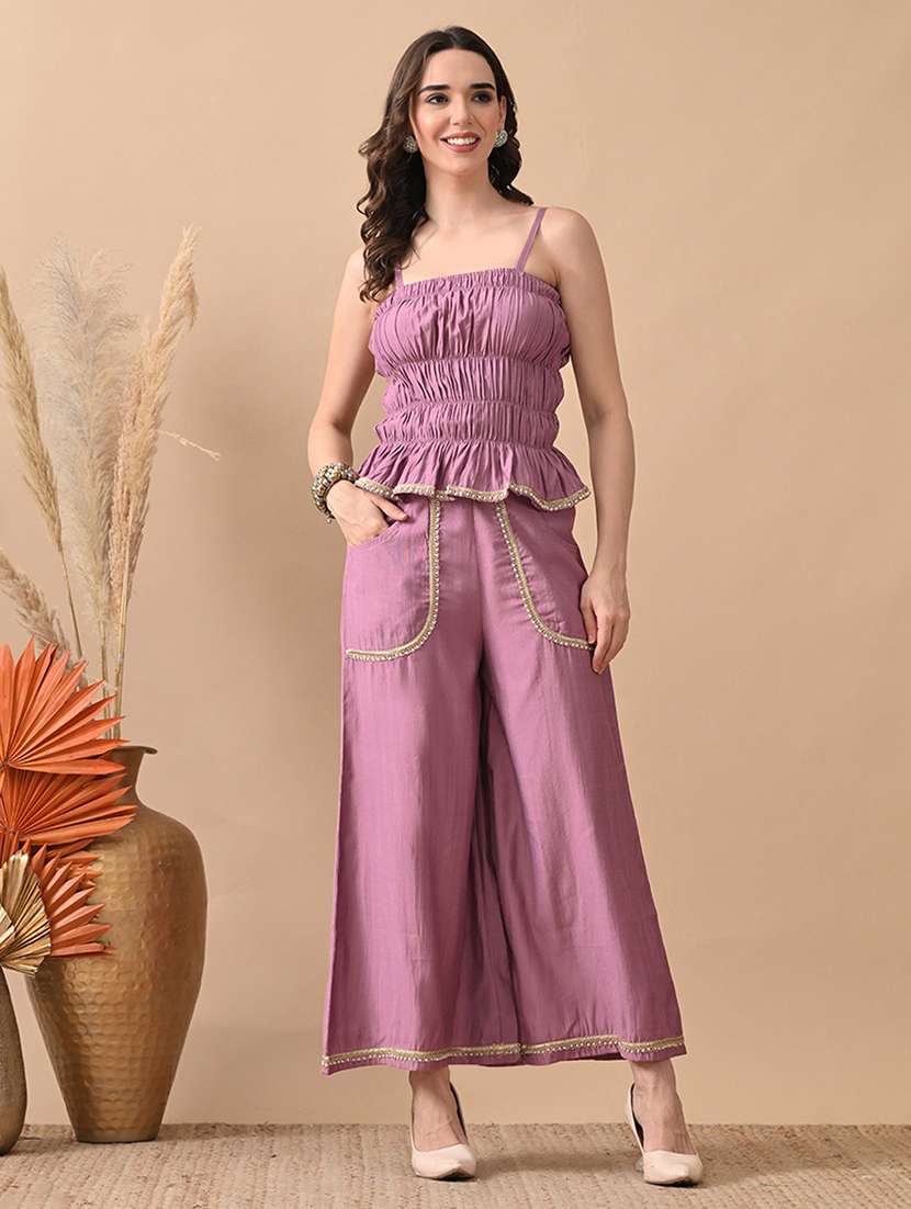 women solid top and trouser co-ord set - 22017602 - Zoom Image - 0