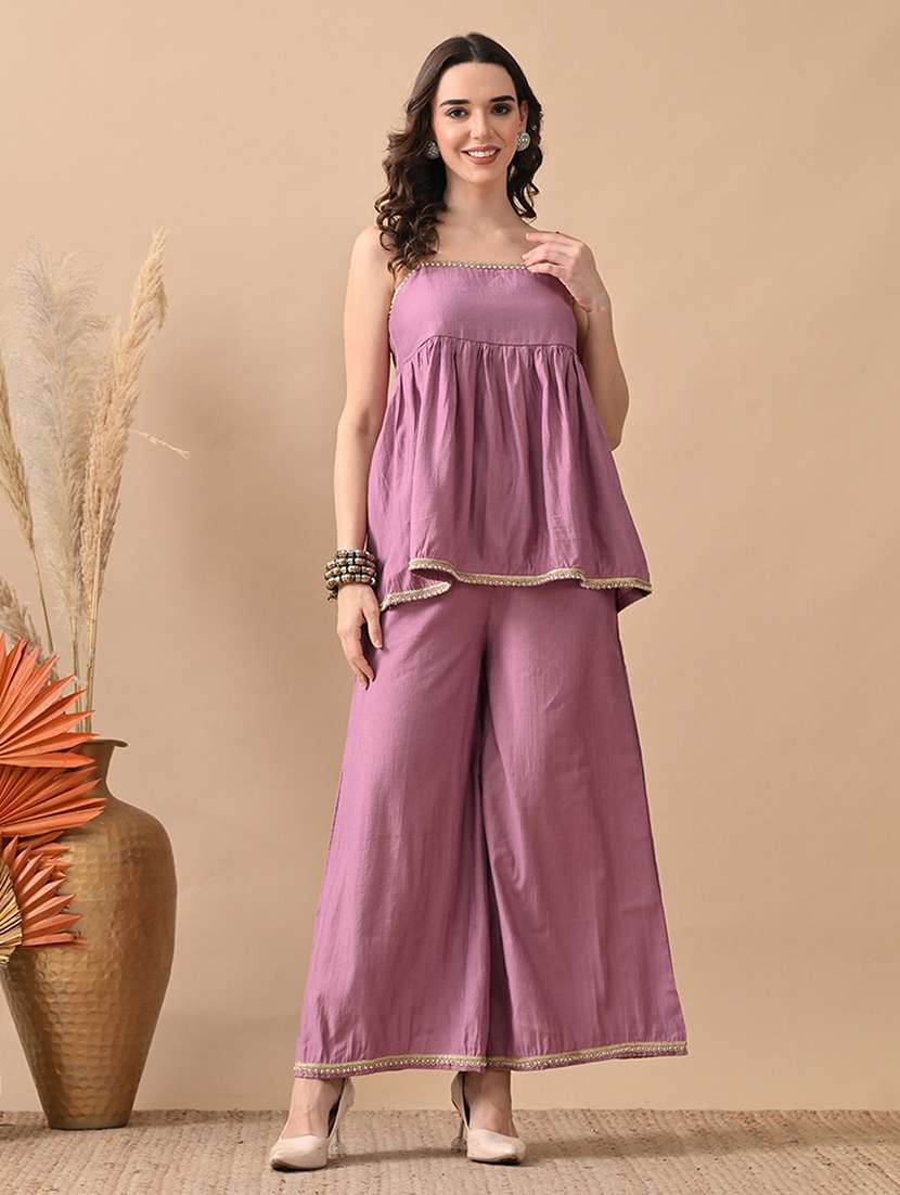 women solid  top and palazzo co-ord set