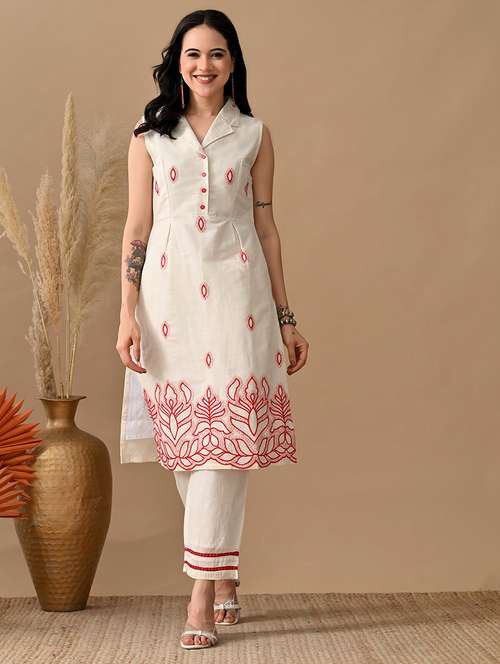 women embroidered sleeveless kurta and pant set - 22017617 - Standard Image - 0