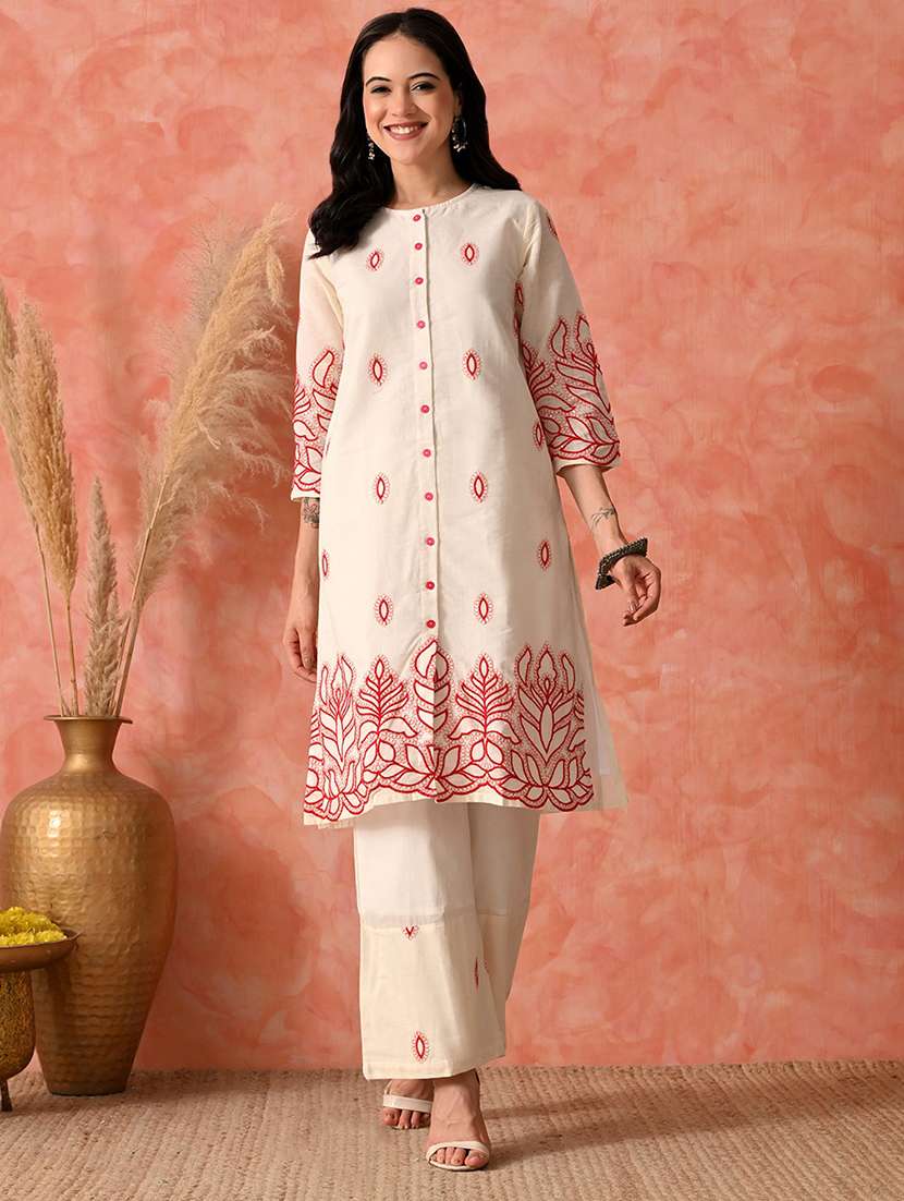 women embroidered three quarter sleeve kurta and pant set - 22017619 - Zoom Image - 0