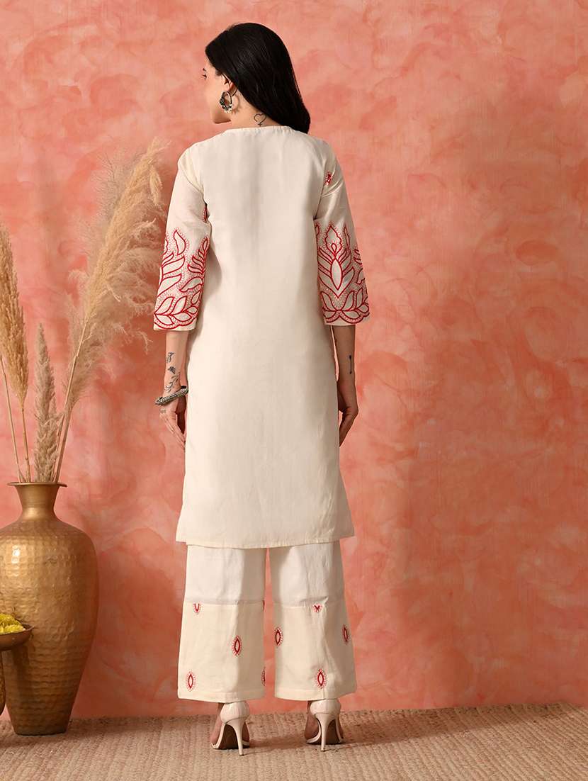 women embroidered three quarter sleeve kurta and pant set - 22017619 - Standard Image - 3