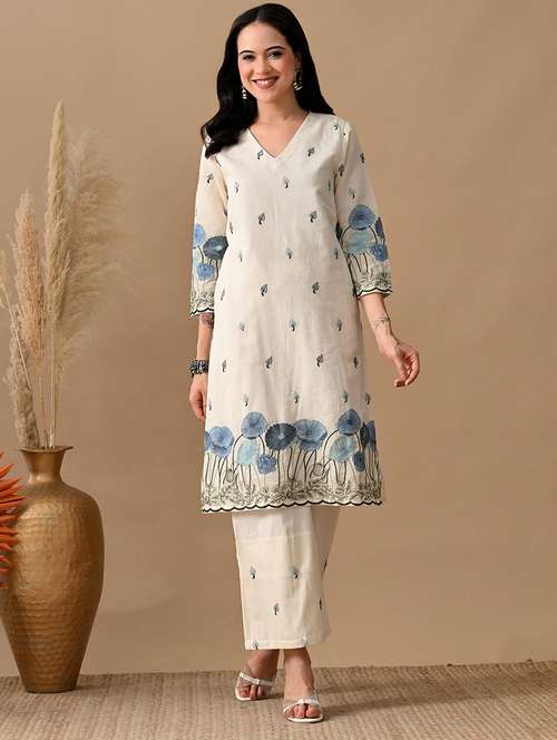 women embroidered three quarter sleeve kurta and pant set - 22017621 - Standard Image - 0