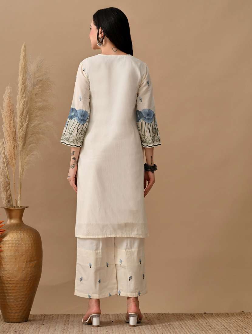 women embroidered three quarter sleeve kurta and pant set - 22017621 - Standard Image - 3