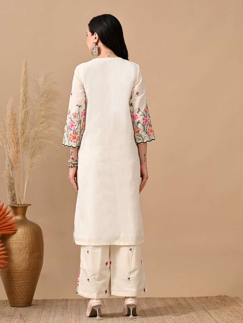 women embroidered three quarter sleeve kurta and pant set - 22017622 -  Standard Image - 3