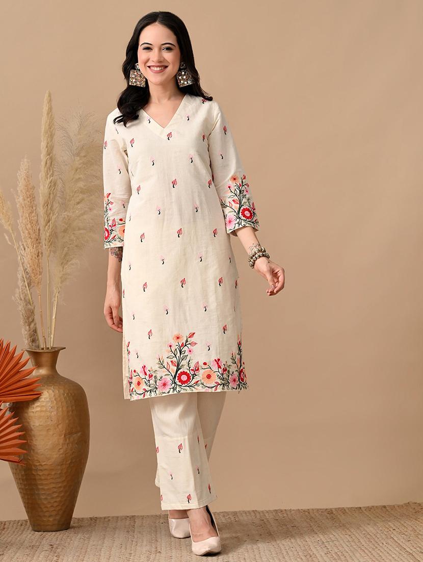 women embroidered three quarter sleeve kurta and pant set - 22017623 -  Zoom Image - 0