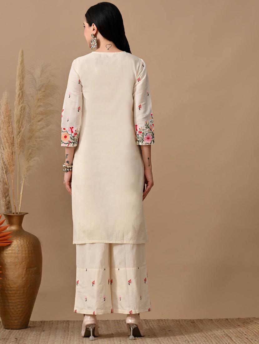 women embroidered three quarter sleeve kurta and pant set - 22017623 - Standard Image - 3