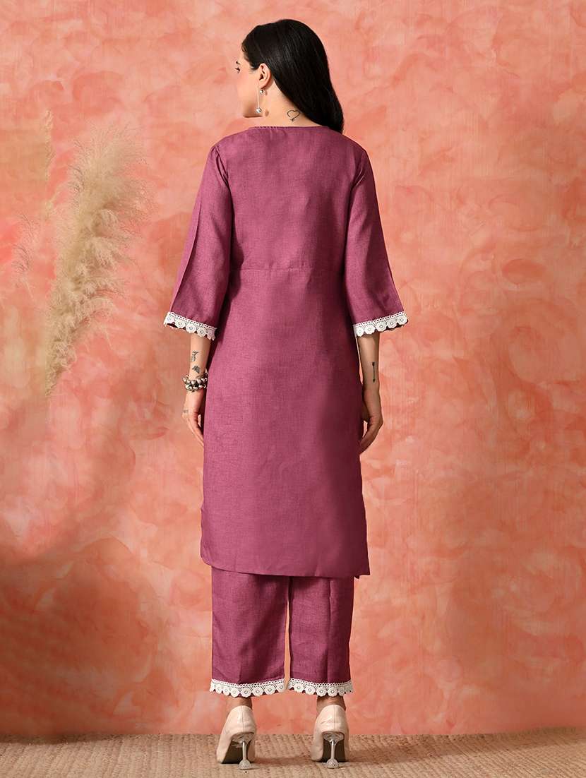women embroidered three quarter sleeve kurta and pant set - 22017625 - Standard Image - 3
