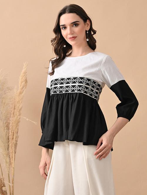 women color blocked puff sleeve flared top - 22017634 -  Standard Image - 0