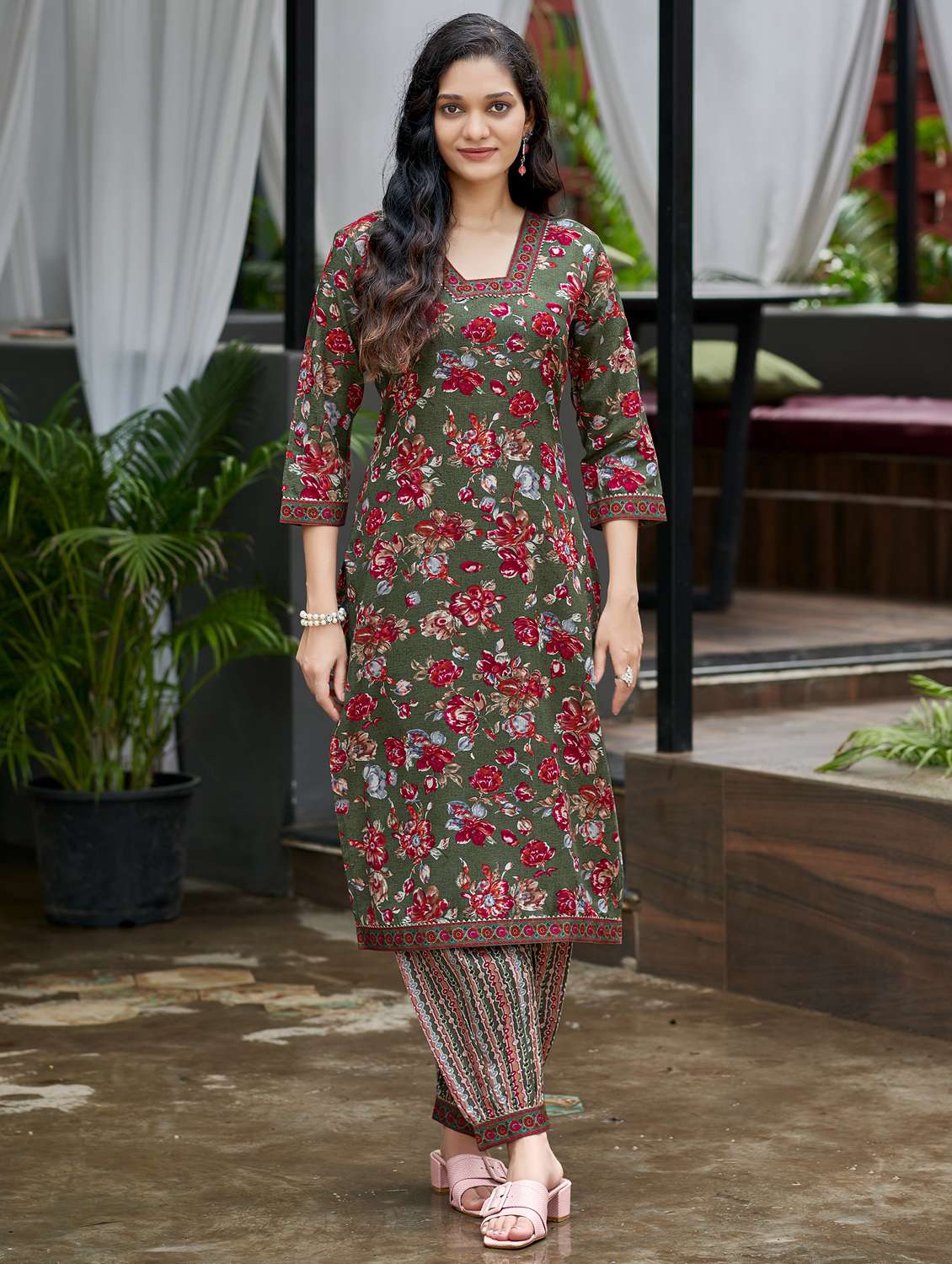 women printed three quarter sleeve kurta and salwar set