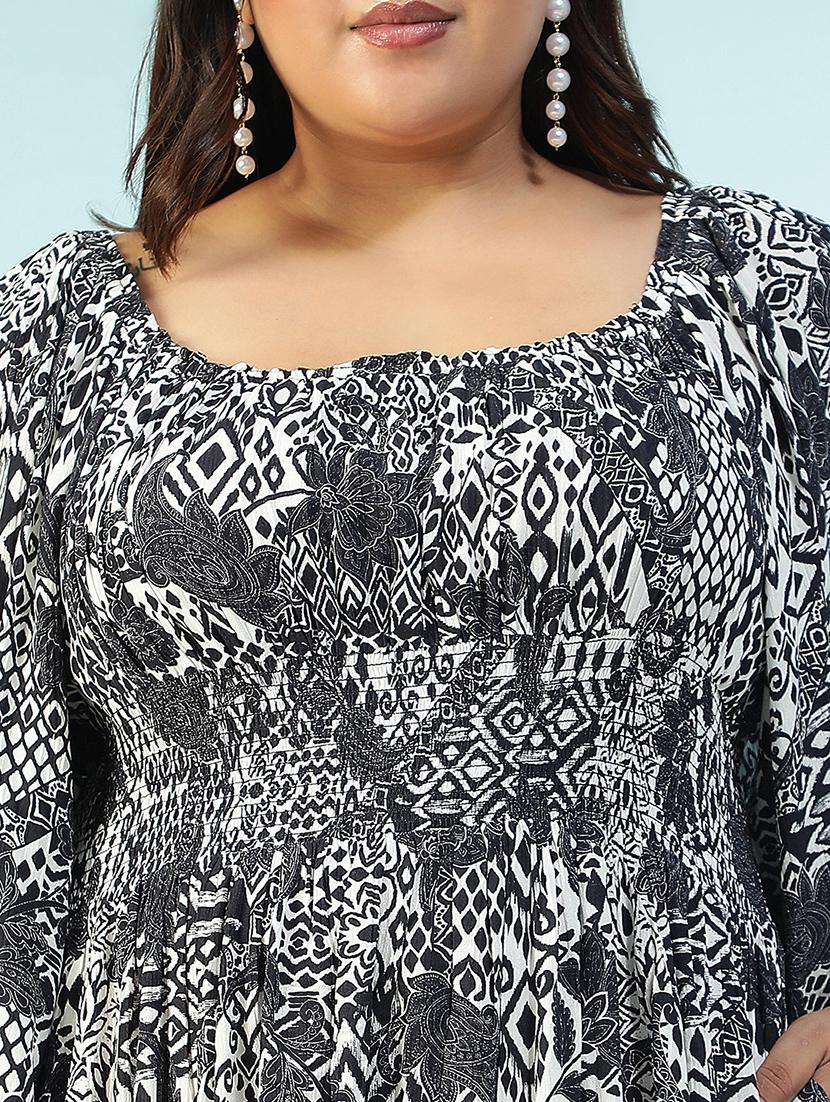 women plus size printed puff sleeve fit & flare dress - 22018294 - Standard Image - 5